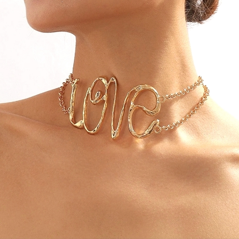 Women's gold love cursive word script statement choker sexy necklace nwt